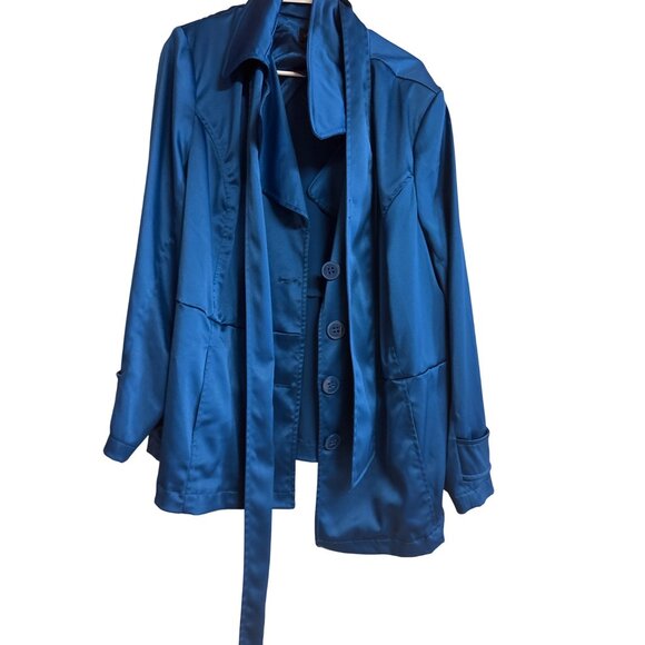 Lane Bryant Womens Blue Satin Belted Jacket Size 28 With Button-Up Front & Long - Picture 2 of 5